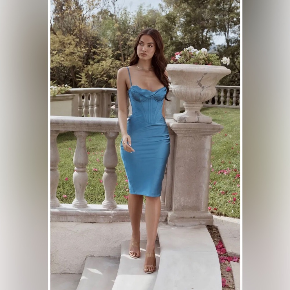 HOUSE OF CB Myrna Satin Corset Dress Aegean Blue S - Picture 5 of 10